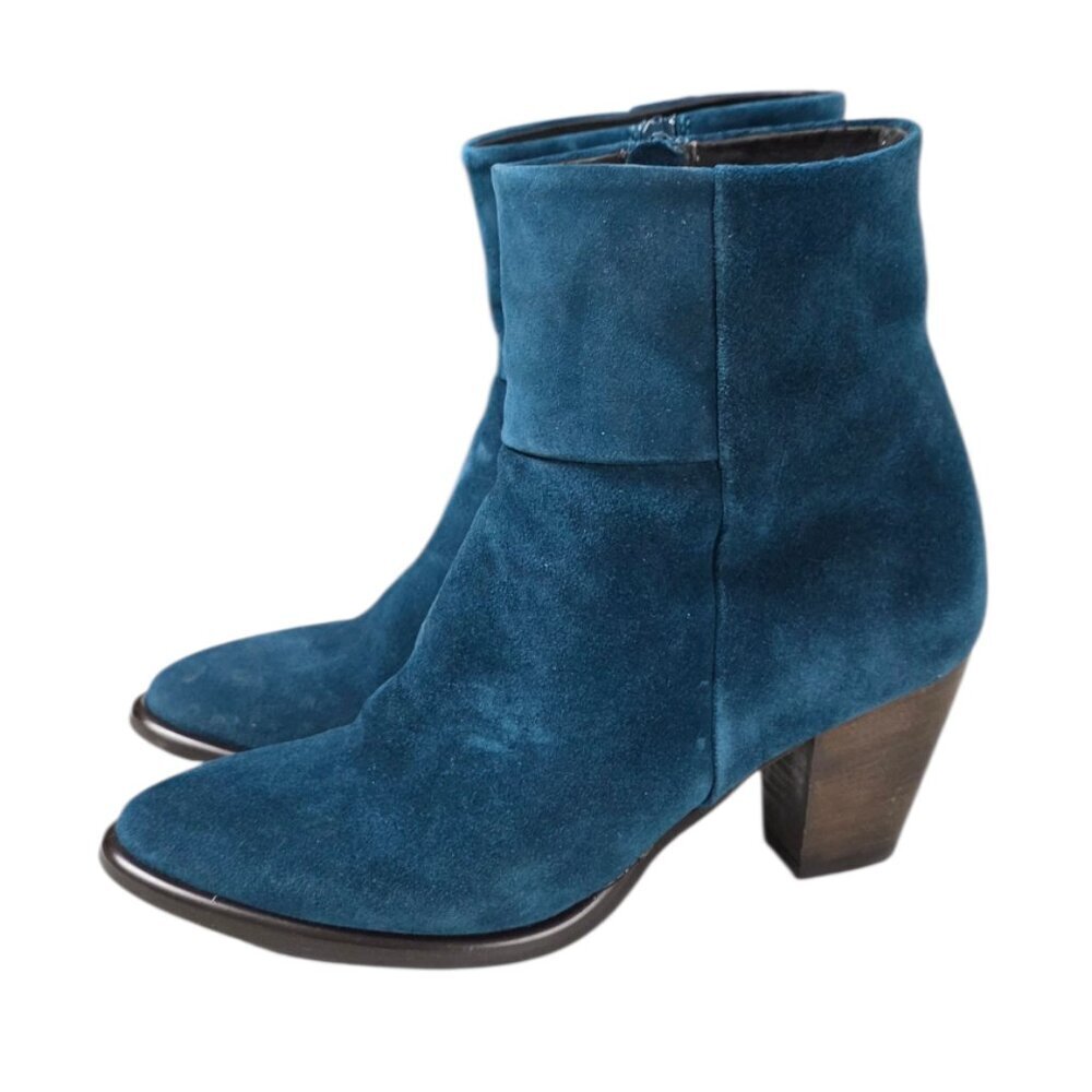 Garnet Hill Suede Zip Up Booties, Chunky Heel, Teal, Western, Size 11